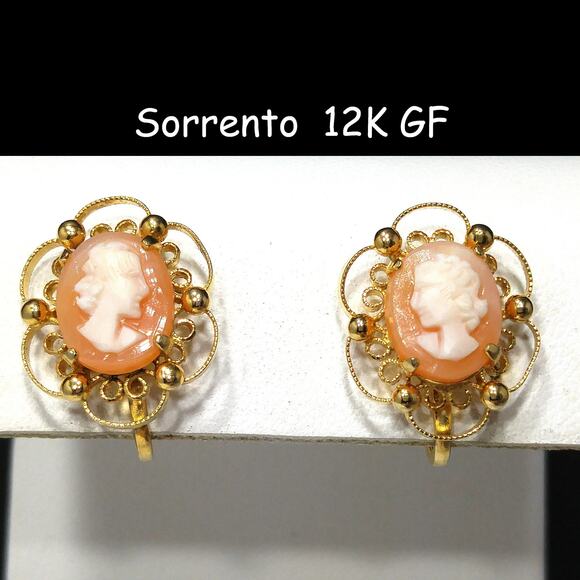 Sorrento Jewelry - Sorrento Shell Cameo Clip Earrings, 12K Gold Filled, 1950s Vintage Jewelry